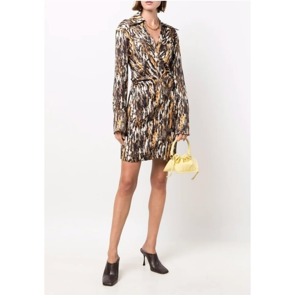 Nanushka Zada Mini Shirt Dress S Brown Watercolor‎ Animal Print FW21